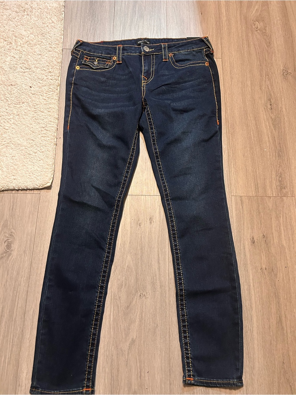 True Religion Dark Indigo Skinny Jeans with Orange Stitching